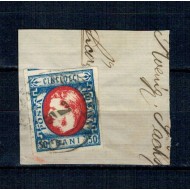 1869 - Carol I cu favoriți, 50 bani cu stampila București, pe fragment