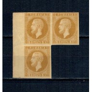 1872 - Carol I, emisiunea Paris, 5 bani, bloc de 3 nedantelat, margine coala, neștampilat