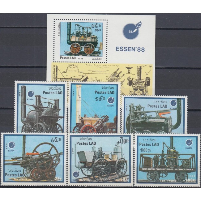 Laos 1988 - Locomotive, serie si colita neuzata Laos 1988 - Locomotive, serie si colita neuzata