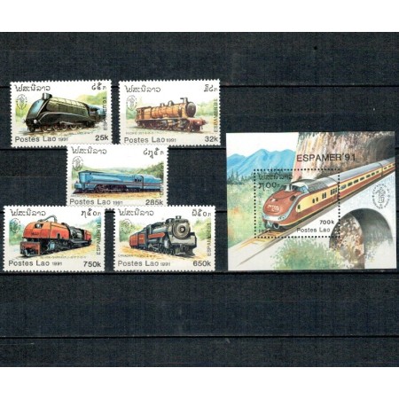 Laos 1991 - Locomotive, trenuri, serie si colita neuzata
