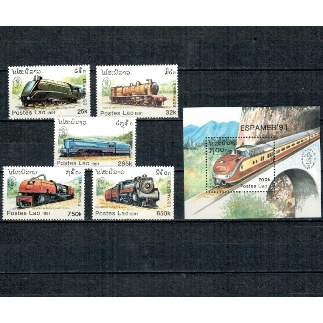 Laos 1991 - Locomotive, trenuri, serie si colita neuzata Laos 1991 - Locomotive, trenuri, serie si colita neuzata