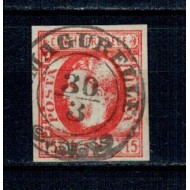 1869 - Carol I cu favoriti, 15 bani, stampila agrafa T.MAGURELLE