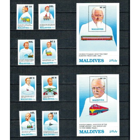 Maldives 1989 - Cai ferate, trenuri, personalități, serie si colite neuzate Maldives 1989 - Cai ferate, trenuri, personalități, serie si colite neuzate