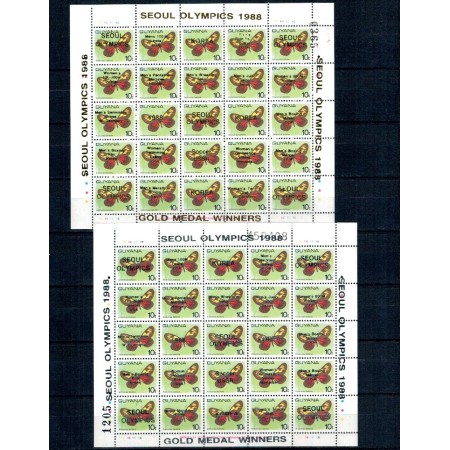 Guyana 1989 - Jocurile Olimpice Seoul, medaliați, supratipar auriu si argintiu pe fluturi, minicoli neuzate