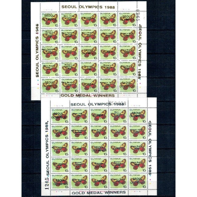 Guyana 1989 - Jocurile Olimpice Seoul, medaliați, supratipar auriu si argintiu pe fluturi, minicoli neuzate