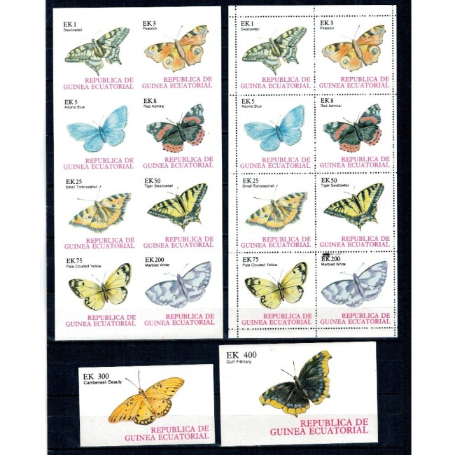Guinea Ecuatoriala 1977 - Fluturi, bloc dantelat si nedantelat, colite nedantelate neuzate