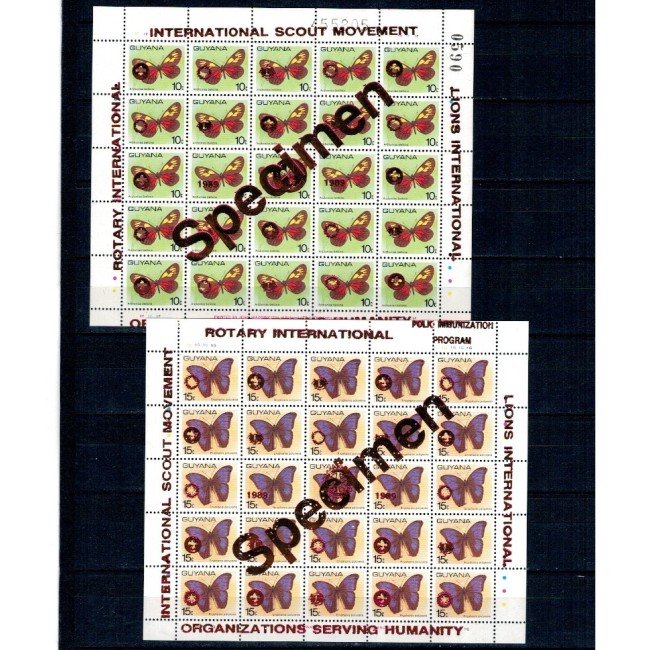 Guyana 1989 - Fluturi, supratipar metalic Rotary, Lions, cercetași, minicoli neuzate SPECIMEN