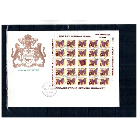 Guyana 1989 - Fluturi, minicoli cu supratipar, set 6 plicuri prima zi