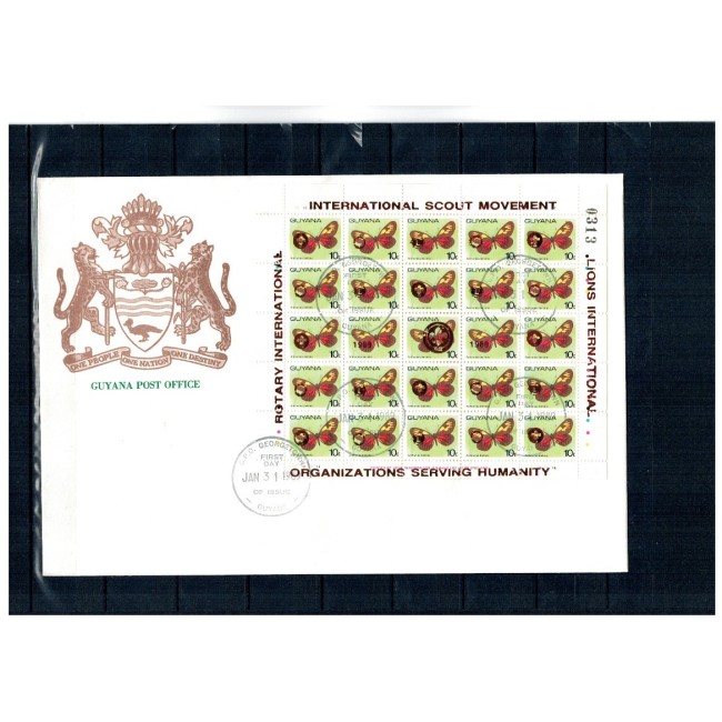 Guyana 1989 - Fluturi, minicoli cu supratipar, set 6 plicuri prima zi