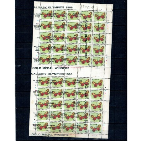 Guyana 1988 - Fluturi, supratipar medalii Olimpice Calgary, coala cu eroare la tipar