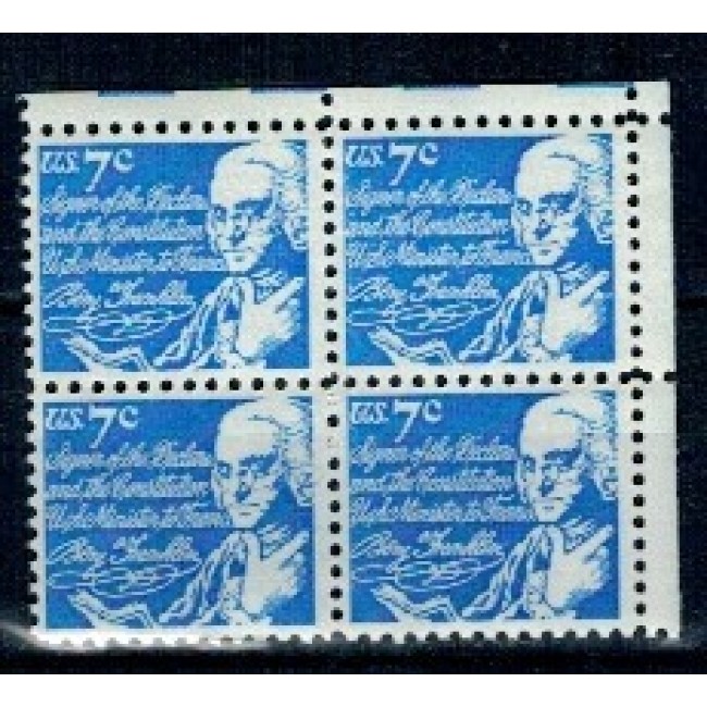 SUA 1972 - Uzual 7c Benjamin Franklin, bloc de 4 neuzat