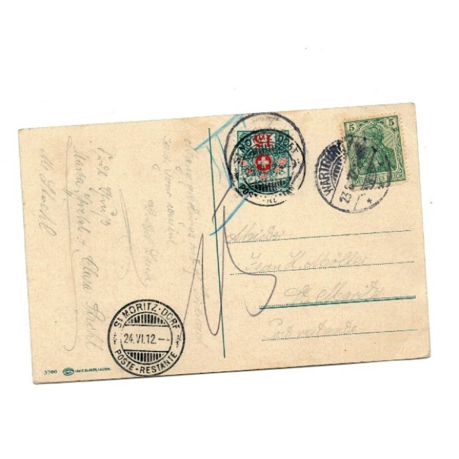 Eisenach (Germania) 1912 - Carte postala expediata la St. Moritz, cu porto suplementar Elvetia