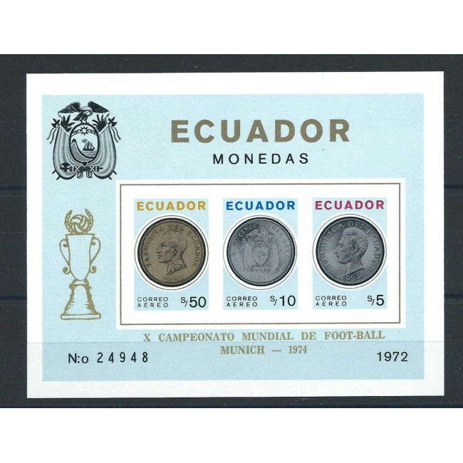 Ecuador 1974 - Campionatul Mondial de fotbal, supratipar, monede, colita neuzata