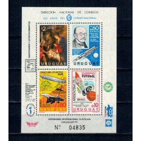 Uruguay 1977 - Expo filatelie, pictura Rubens, Max Planck, Zepelin, Campionatul Mondial de Fotbal, bloc neuzat