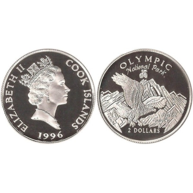 Cook Islands 1996 - 2 dollars, Olympic National Park, vultur, argint, PROOF Cook Islands 1996 - 2 dollars, Olympic National Park, vultur, argint, PROOF