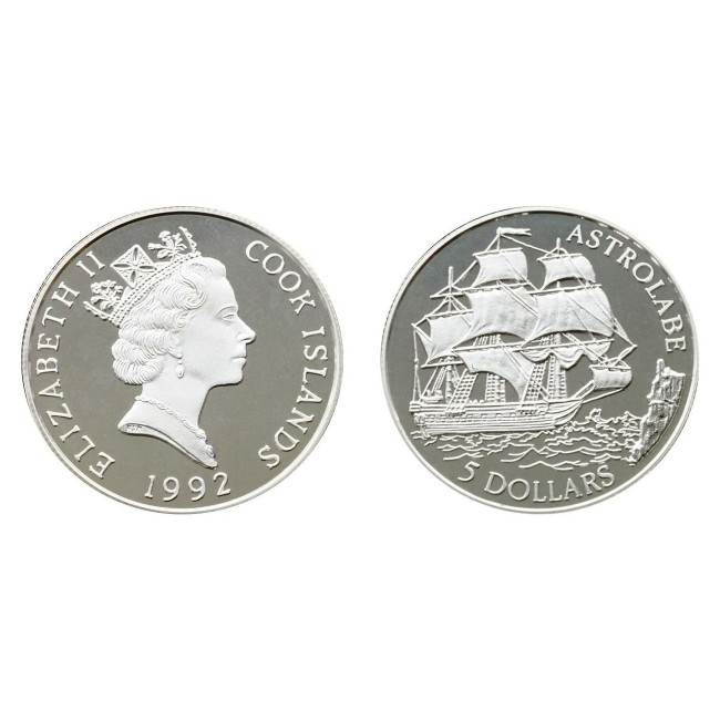 Cook Islands 1992 - 5 dollars, nava Astrolabe, descoperirea Americii, argint, PROOF Cook Islands 1992 - 5 dollars, nava Astrolabe, descoperirea Americii, argint, PROOF