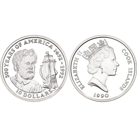 Cook Islands 1990 - 10 dollars, Amerigo Vespucci, argint, PROOF Cook Islands 1990 - 10 dollars, Amerigo Vespucci, argint, PROOF