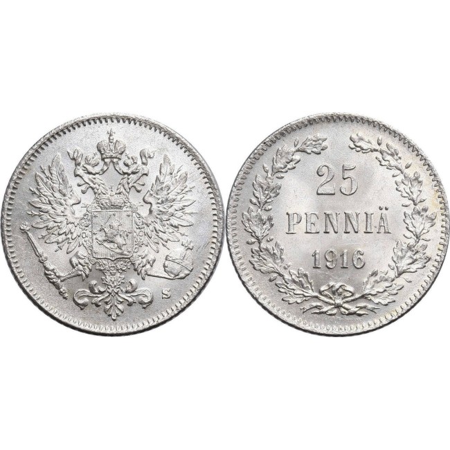 Finlanda 1916 - 25 pennia, Ag, UNC