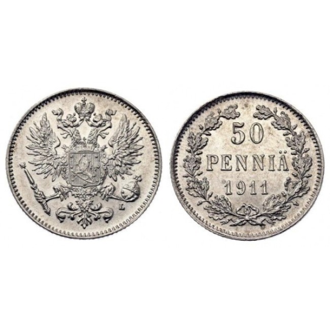 Finlanda 1911 - 50 pennia, Ag, UNC