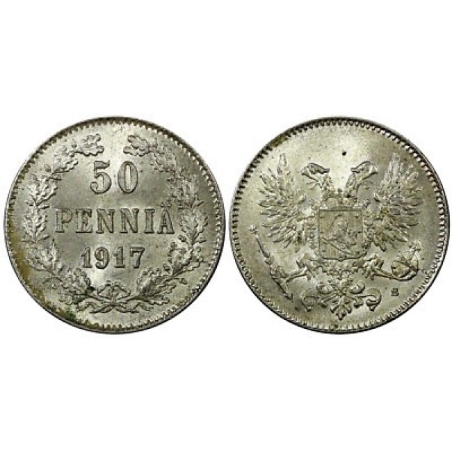 Finlanda 1917 - 50 pennia, Ag, UNC
