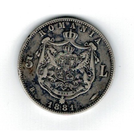 Romania 1881 - 5 lei, Carol I DOMNUL, Ag, circulata Romania 1881 - 5 lei, Carol I DOMNUL, Ag, circulata