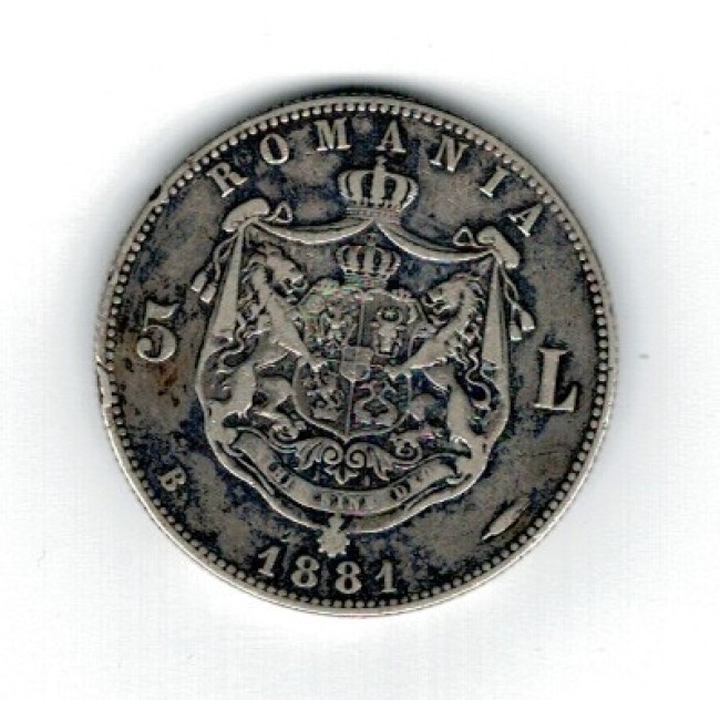 Romania 1881 - 5 lei, Carol I DOMNUL, Ag, circulata Romania 1881 - 5 lei, Carol I DOMNUL, Ag, circulata