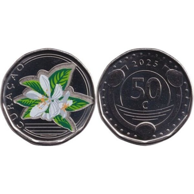 Curacao 2025 - 50 cents, floare, color, UNC