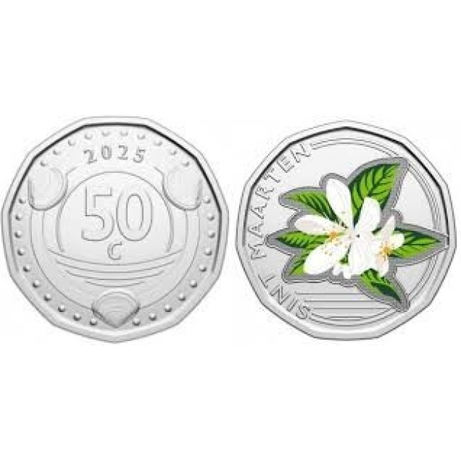 Curacao 2025 - 50 cents, floare, color, UNC