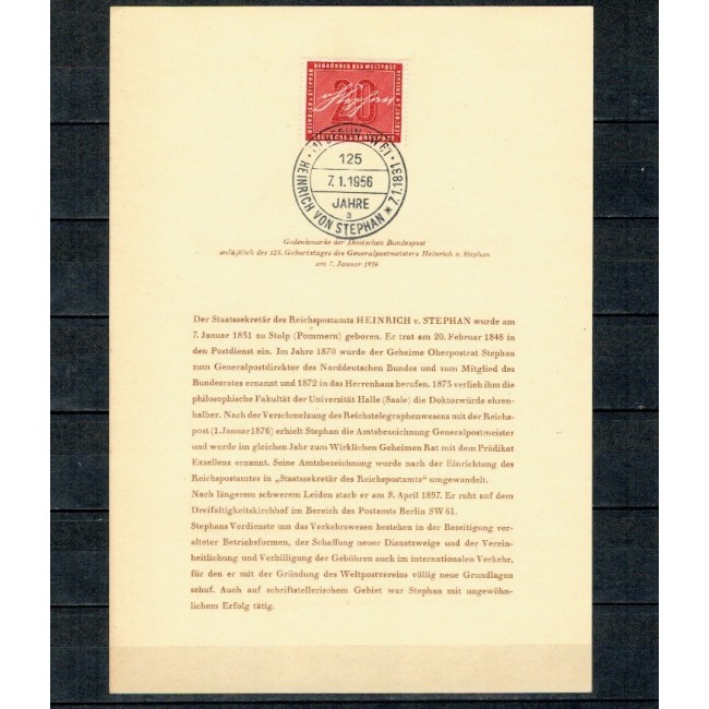 Bundes 1956 - Heinrich von Stephan, ETB cu stampila prima zi Berlin, cota 300EUR