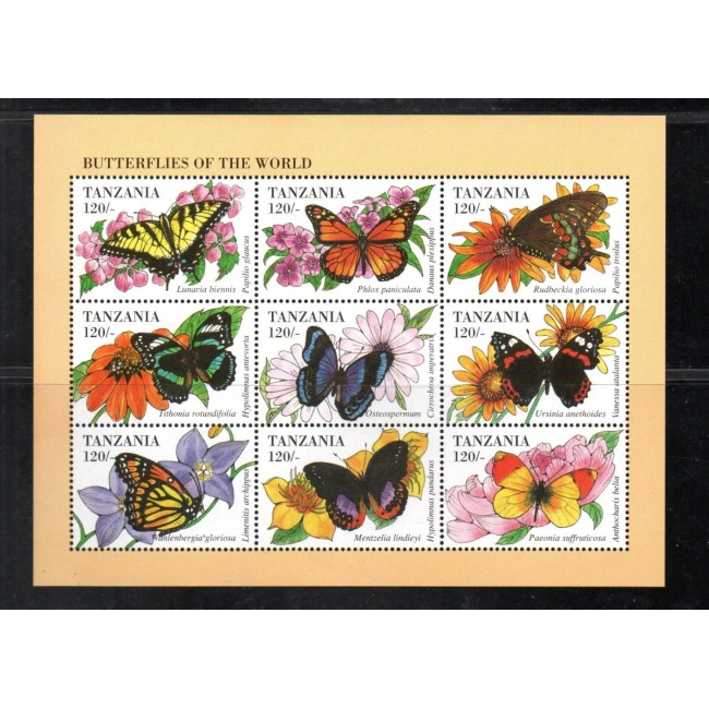 Tanzania 1994 - Fluturi, fauna, minicoala neuzata