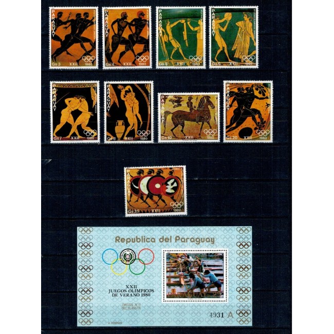 Paraguay 1979 - Jocurile Olimpice, sport, vase antice grecesti, serie si colita neuzata