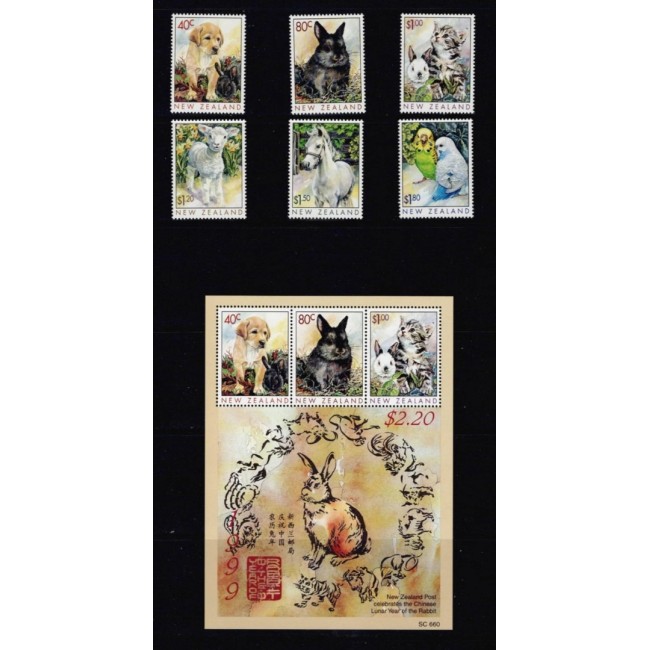 New Zealand 1999 - Anul iepurelui, animale de casa, serie si bloc neuzat
