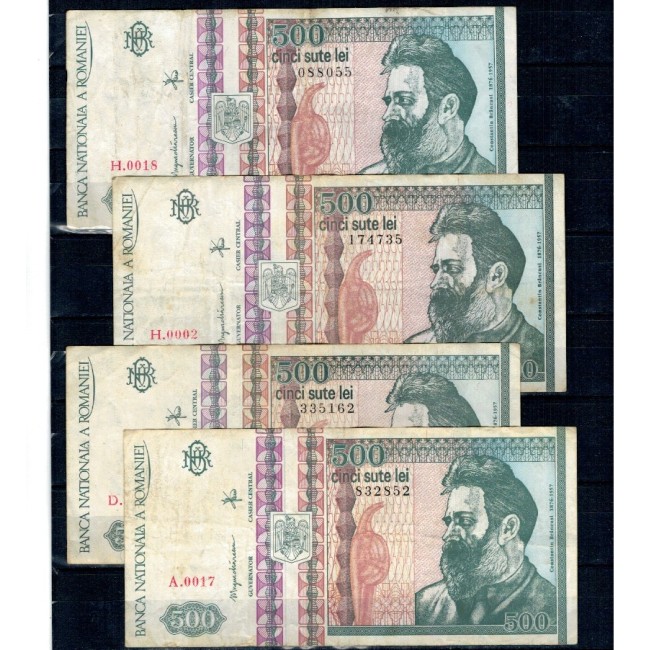 Romania 1992 - 500 lei, filigran din fata, lot 4 buc. circulate