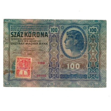 Austro-Ungaria 1912(1919) - 100 korona, cu timbru Cehoslovacia, circulata