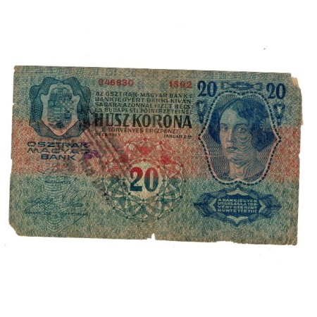 Austro-Ungaria 1913(1919) - 20 korona cu timbru si stampila Serbia, circulata