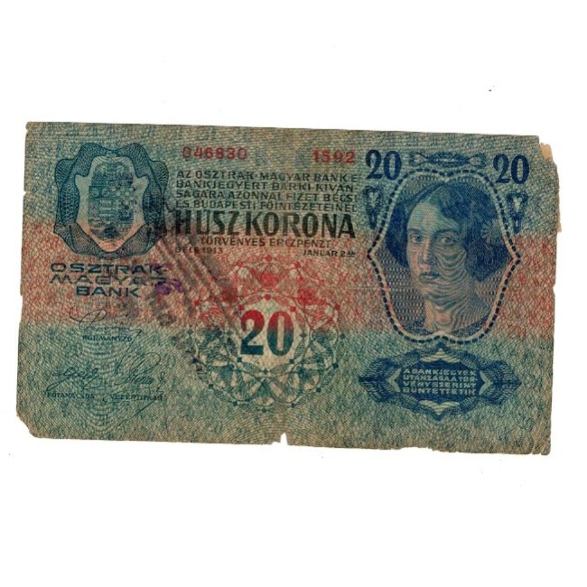 Austro-Ungaria 1913(1919) - 20 korona cu timbru si stampila Serbia, circulata
