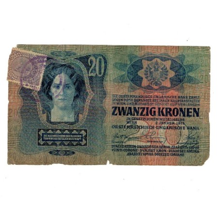 Austro-Ungaria 1913(1919) - 20 korona cu timbru si stampila Serbia, circulata