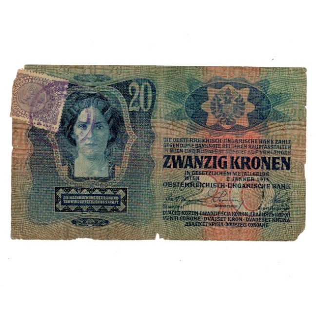 Austro-Ungaria 1913(1919) - 20 korona cu timbru si stampila Serbia, circulata