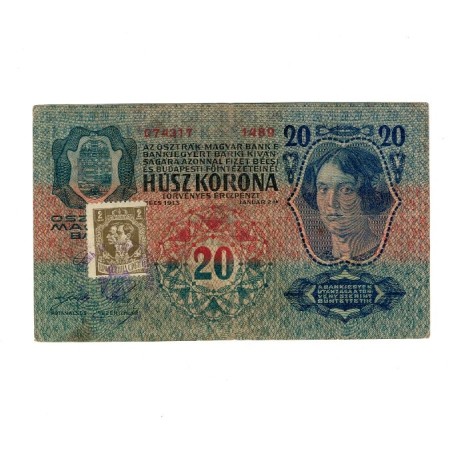 Austro-Ungaria 1913(1919) - 20 korona cu timbru + stampila Serbia