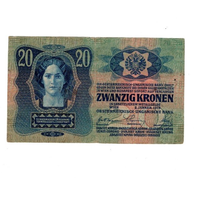 Austro-Ungaria 1913 - 20 korona, cu stampila locala, circulata