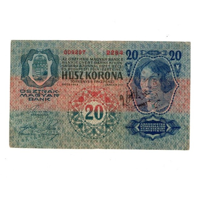 Austro-Ungaria 1913 - 20 korona, cu stampila locala, circulata
