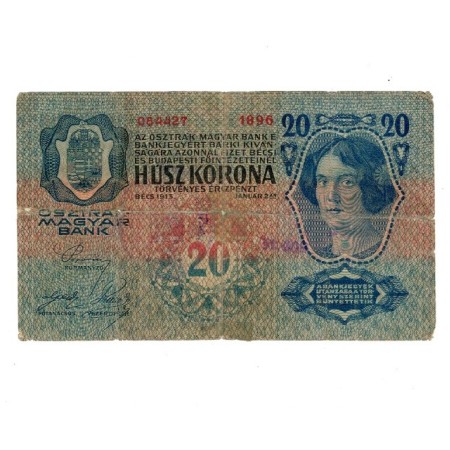 Austro-Ungaria 1913 - 20 korona, cu stampila locala, uzata