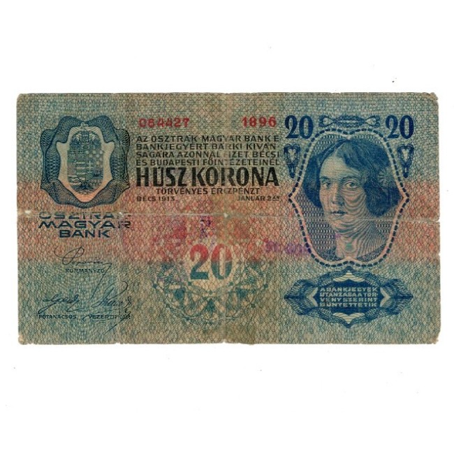 Austro-Ungaria 1913 - 20 korona, cu stampila locala, uzata