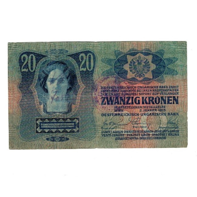 Austro-Ungaria 1913 - 20 korona, stampila locala, circulata