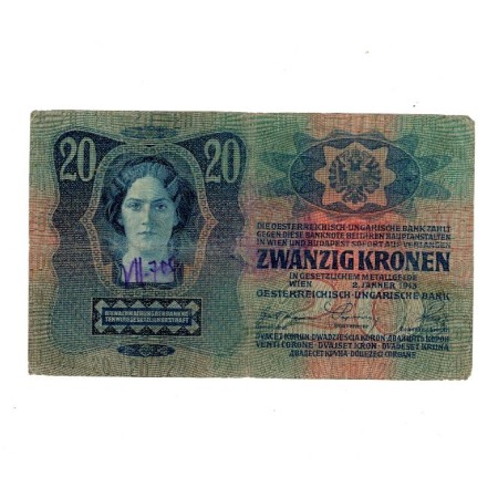 Austro-Ungaria 1913(1919) - 20 korona, stampila locala Ungaria, circulata