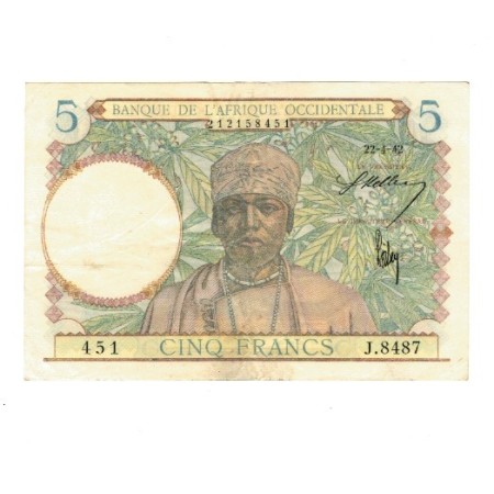 Africa Occidentala Franceza 1942 - 5 franci, circulat