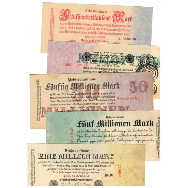 Germania 1923 - Lot 5 bancnote, de inflație, circulate