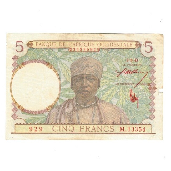 Africa Occidentala Franceza 1943 - 5 franci, circulat