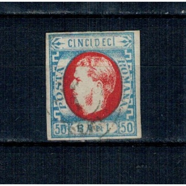 1869 - Carol I cu favoriți, 50 bani cu stampilat