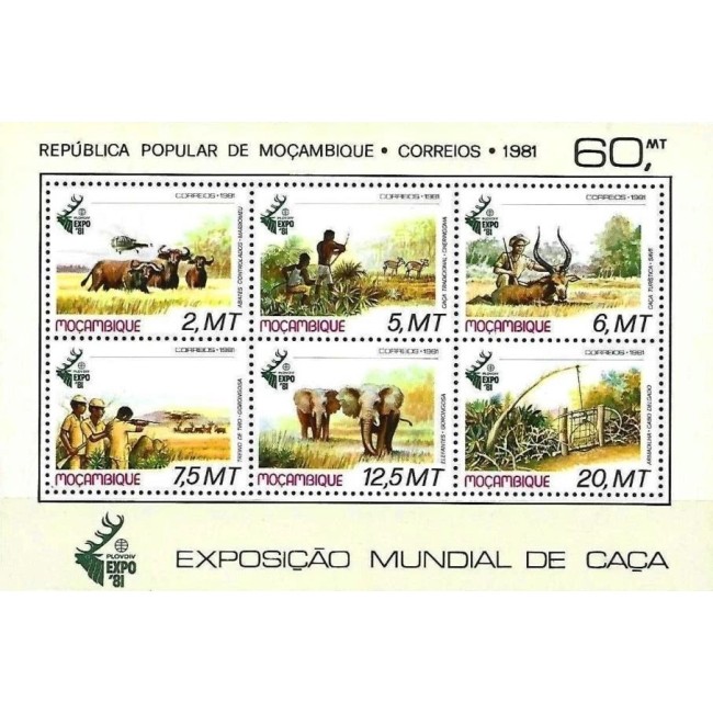 Mozambic 1981 - Expo vânătoare, fauna, animale, bloc neuzat